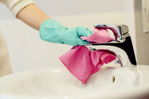 Training-focused scene showing safe use of carpet cleaning products
